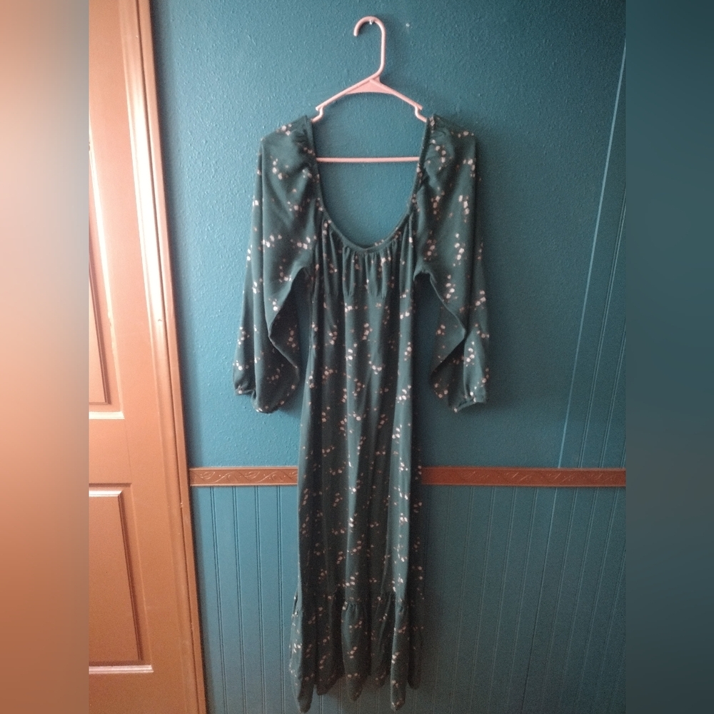 Wild Fable Dark Green Light Pink Whimsigoth Cottagecore Floral Long Sleeve Dress